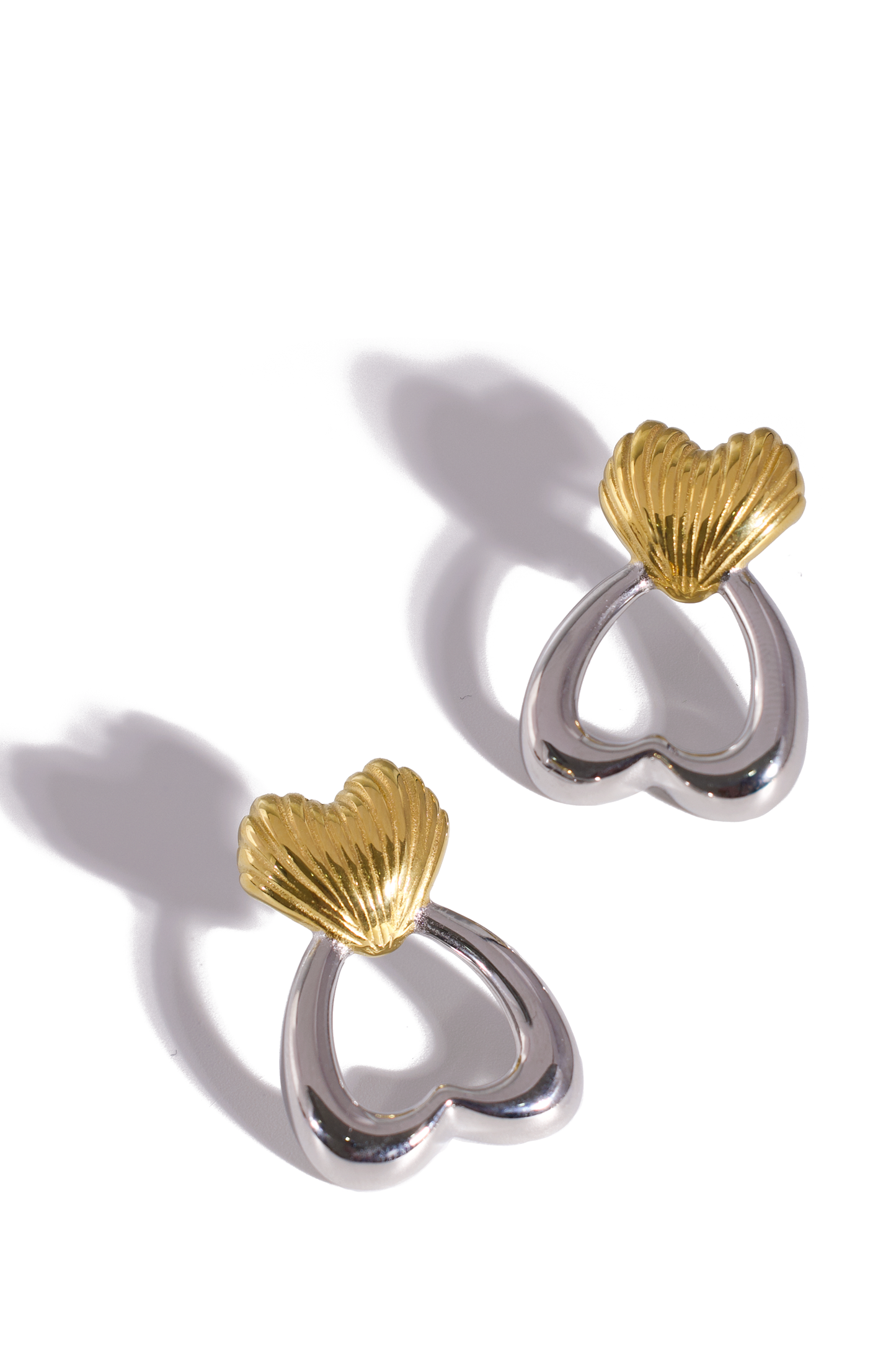 Stud Earrings, 18K Gold Plated Stainless Steel, Non-Tarnish "The Heart & Shell" Shape