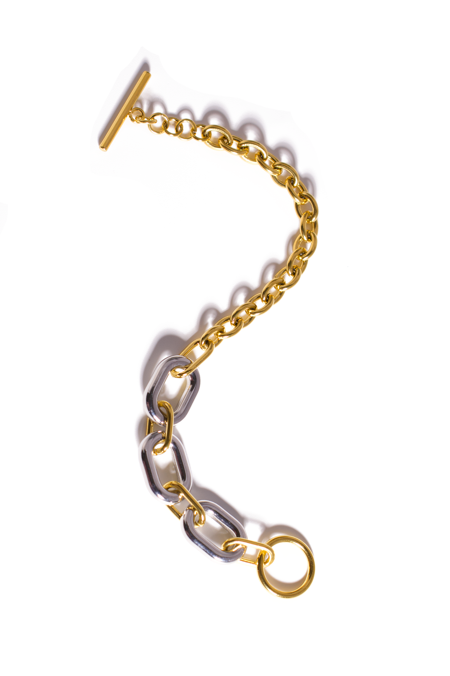 Mixed Metal Chain Bracelet – Gold & Silver Geometric Links with Toggle Clasp, Unisex Stainless Steel Jewelry