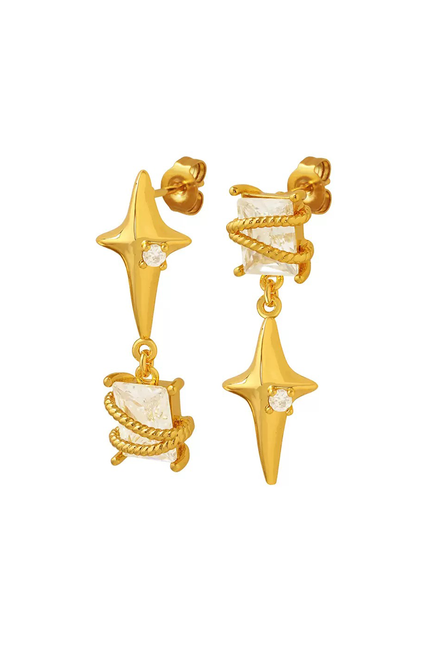 Asymmetrical Star & Crystal Drop Earrings – Gold Plated Statement Jewelry