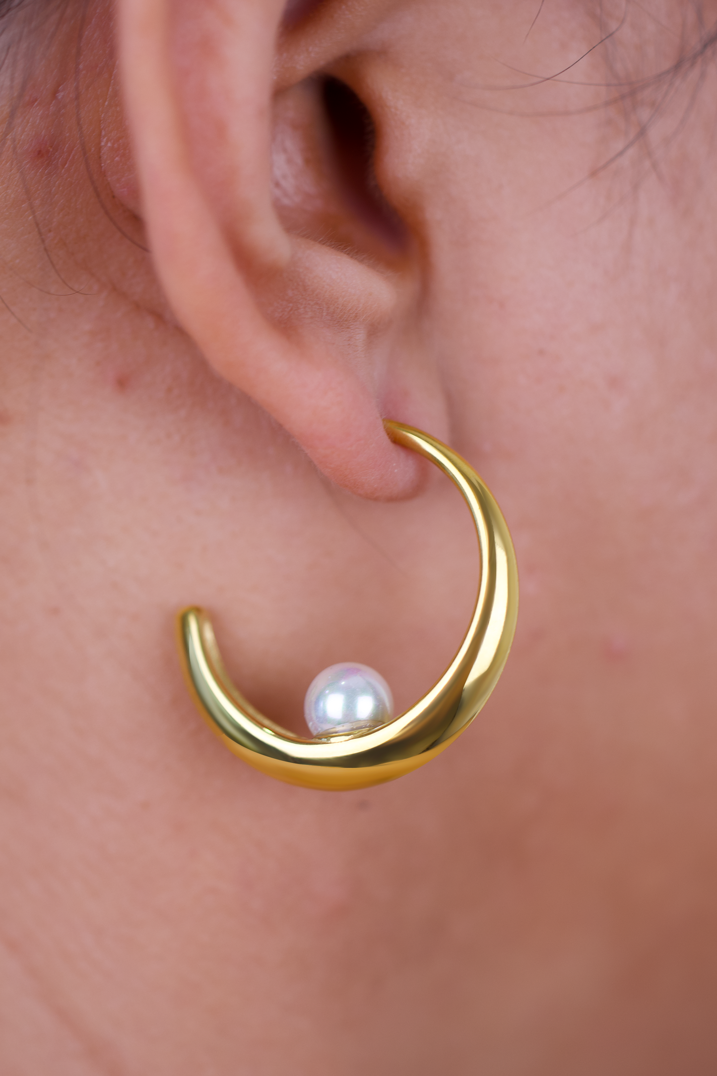 18K Gold Plated Crescent Hoop Earrings with Pearl Accent, Stainless Steel