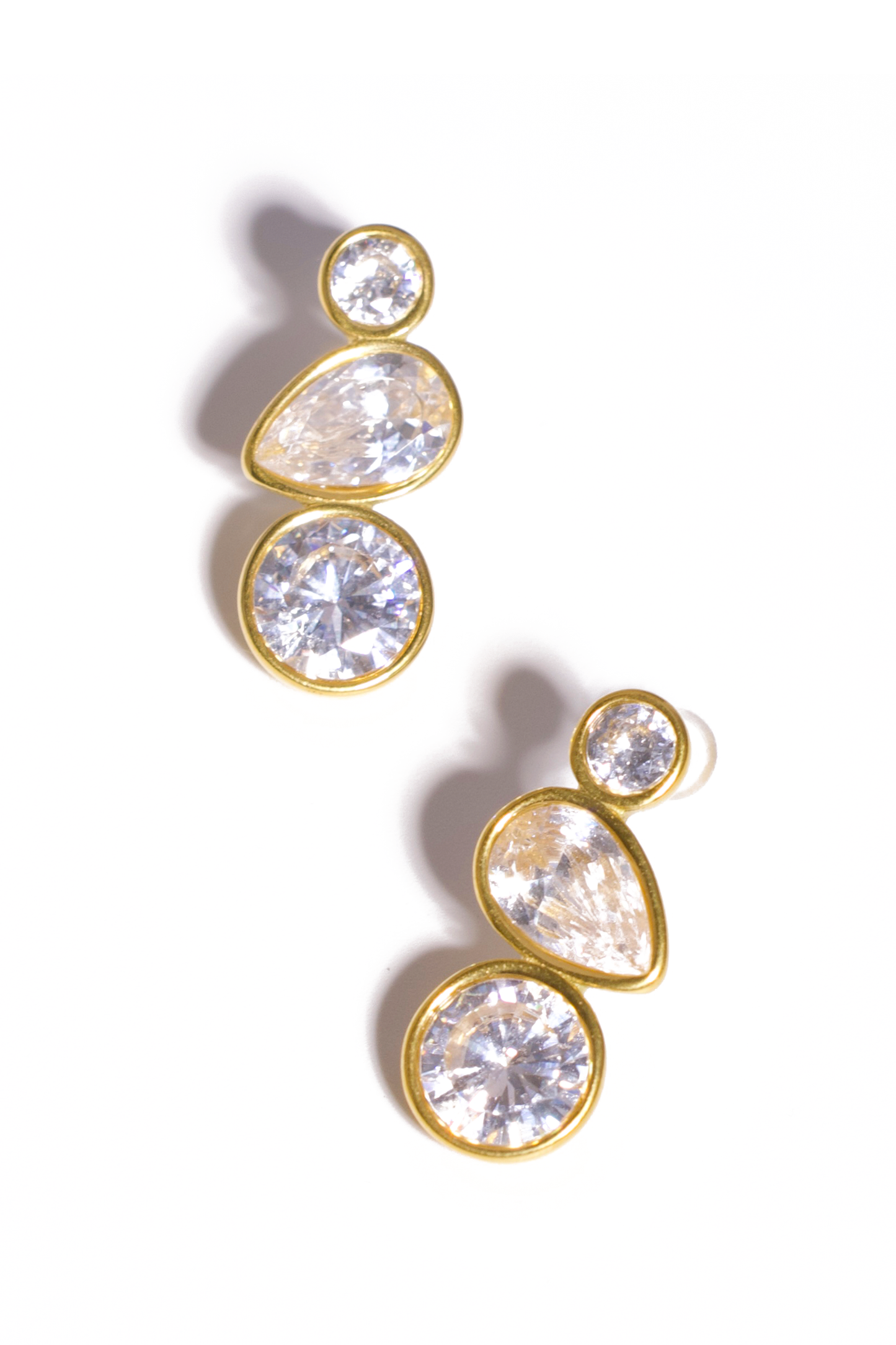 18K Gold Plated Triple Crystal Earrings – Teardrop & Round Design, Stainless Steel