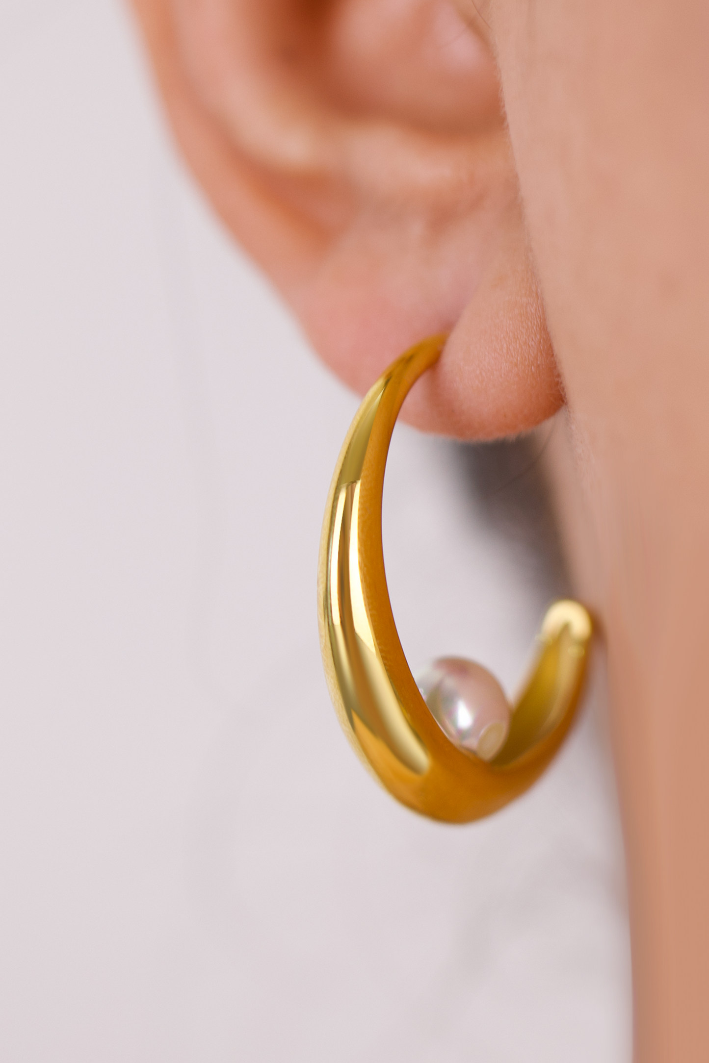 18K Gold Plated Crescent Hoop Earrings with Pearl Accent, Stainless Steel