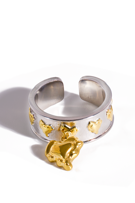 [Ring] Two-Tone Adjustable Ring with Dangling Gold Heart Charm, Stainless Steel 18K Gold-Plated