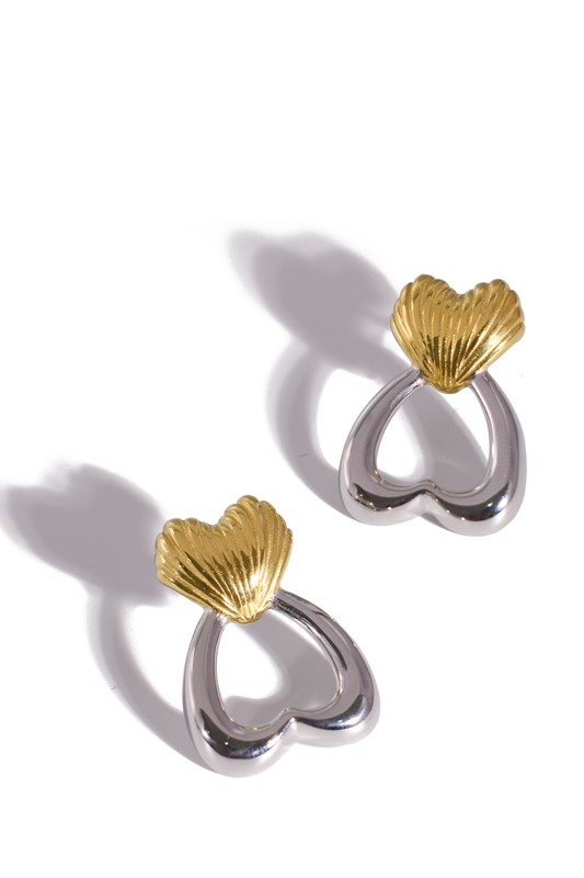 Stud Earrings, 18K Gold Plated Stainless Steel, Non-Tarnish "The Heart & Shell" Shape