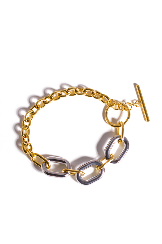 Mixed Metal Chain Bracelet – Gold & Silver Geometric Links with Toggle Clasp, Unisex Stainless Steel Jewelry