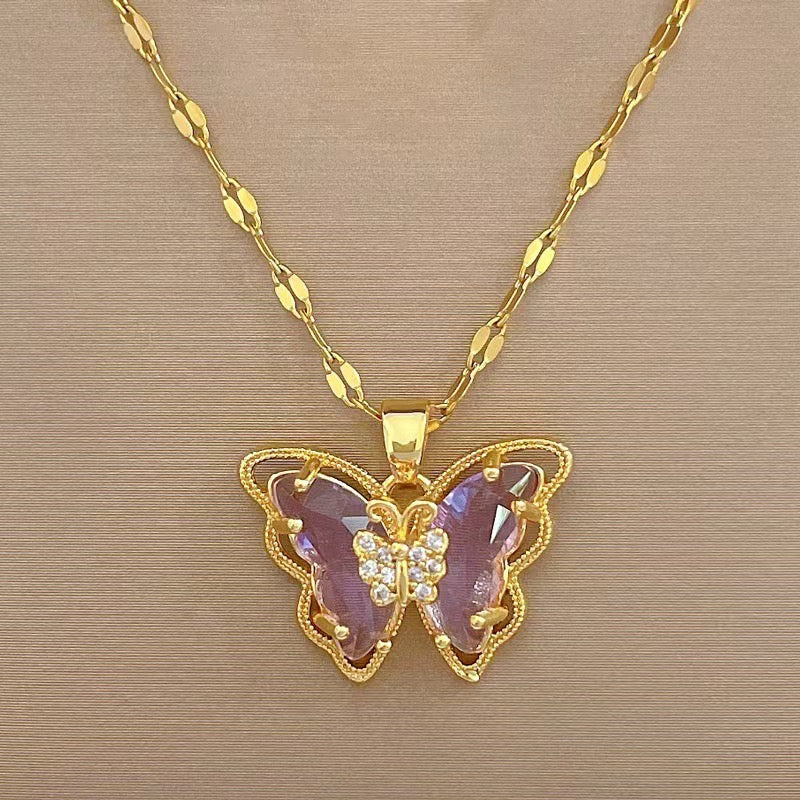 Cute Butterfly Pendant Necklace, Purple and Golden,