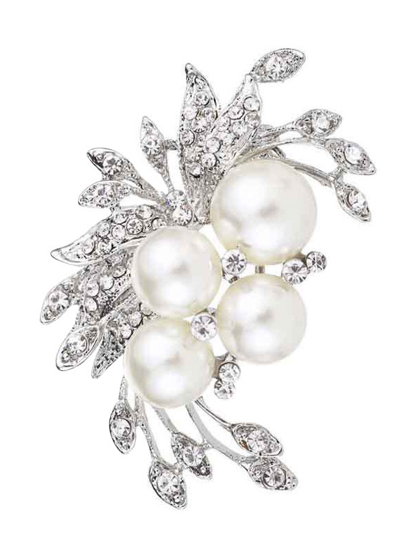 Bouquet Flower Pearl Brooch, White Silvery Sparkling Women Corsage