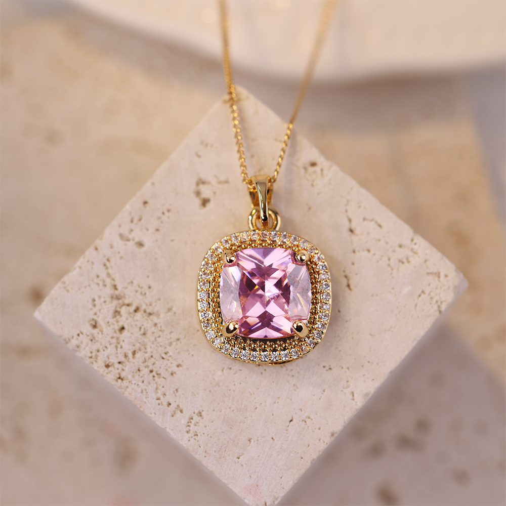 Pink Round Square Sparkling Pendant Necklace, Women Jewelry