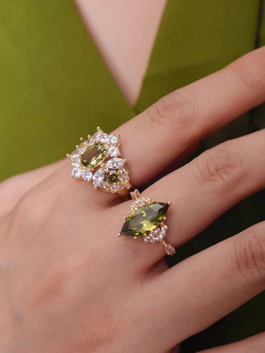 Ring Jewelry Set of Two, The Green Star Sparkling Green Zirconia, Size Open