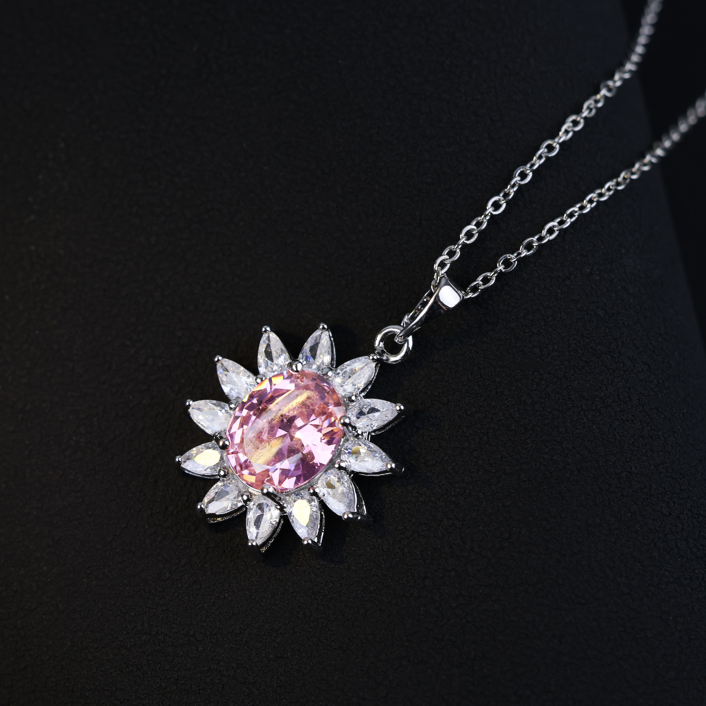 Pink Flower Pendant Necklace, Premium Zirconia Sparkling Design