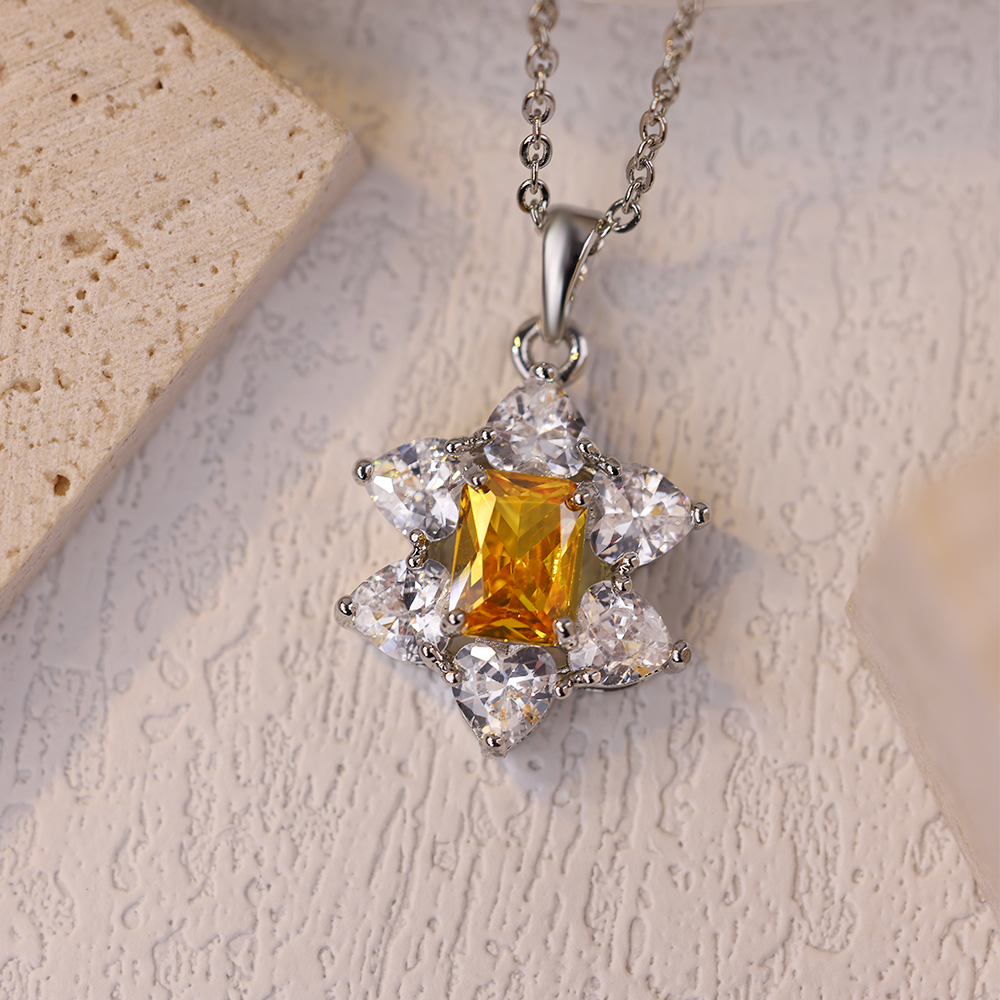 Yellow Flower Pendant Necklace, Sparkling Yellow and Pure Silvery, Women Jewelry