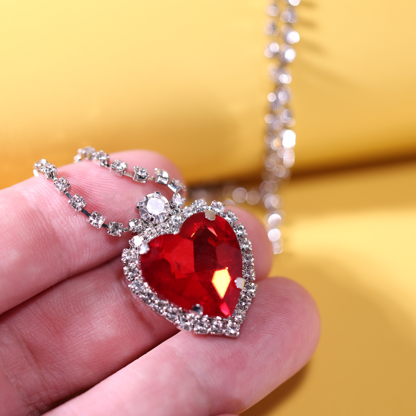 Sparkling Red Gemstone Heart Pendant Necklace, Glass, for Women