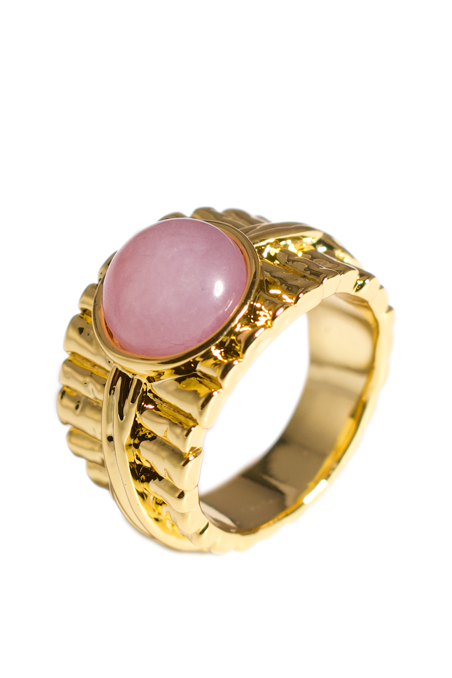 [Ring] Elegant Pink Stone Statement Ring – Wide Gold Band, Vintage-Inspired Cocktail Jewelry