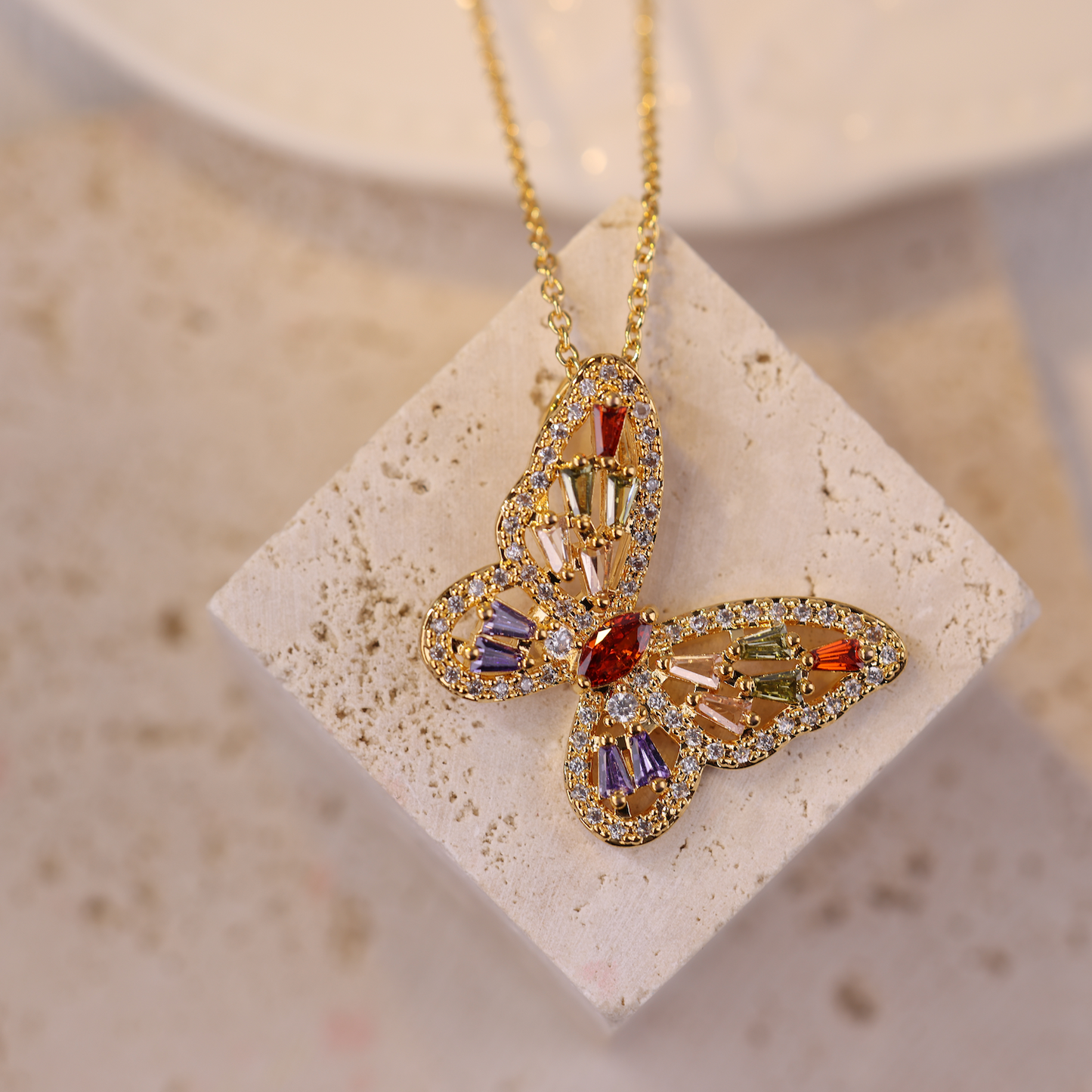 Big Butterfly Golden Pendant Necklace, Gemstones Studed, Women Jewelry