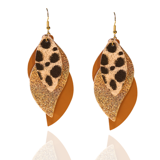 Multiple Layer Dangle Earrings, Leaf Design PU Leather, Leopard Glitter Pattern