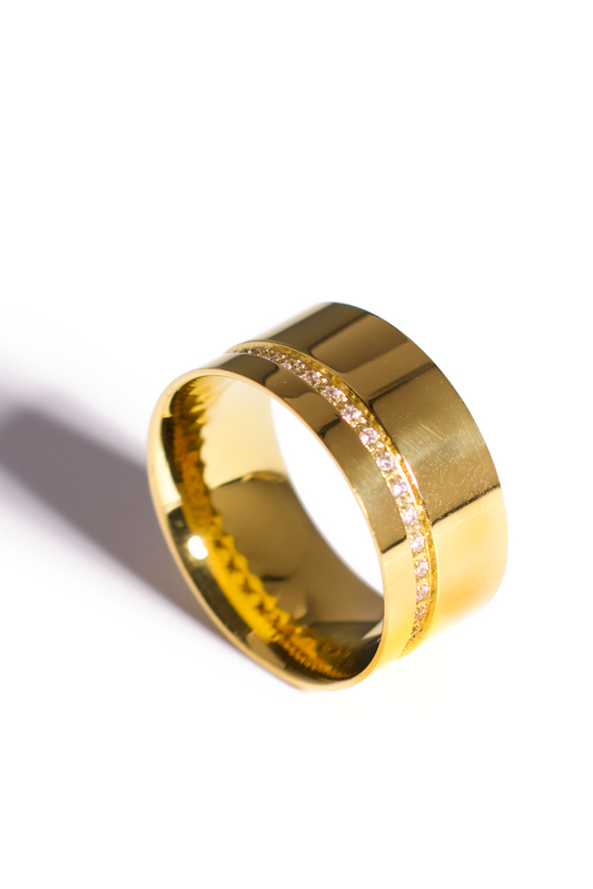 [Ring] Sleek Gold Wide Band Ring – Brushed and Polished Finish with Pavé CZ Inlay, Modern Stainless Steel Statement Ring