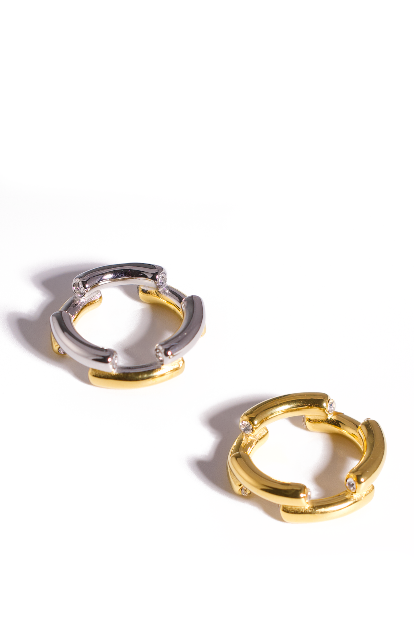 [Ring] Geometric Link Statement Ring – Two-Tone or Gold Plated, Chunky Band with Zirconia Accents