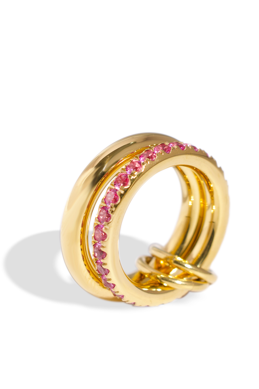 [Ring] Golden Ring, 18K Gold Plated Stainless Steel, Double-Ring Non-Tarnish Premium Pink Zirconia Inlaid