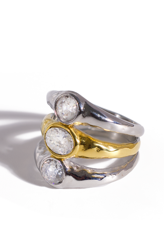 [Ring] Gold and Silver Tone Ring with Textured Band and Oval-Cut Zircon Stone, Modern Stacking-Inspired Design