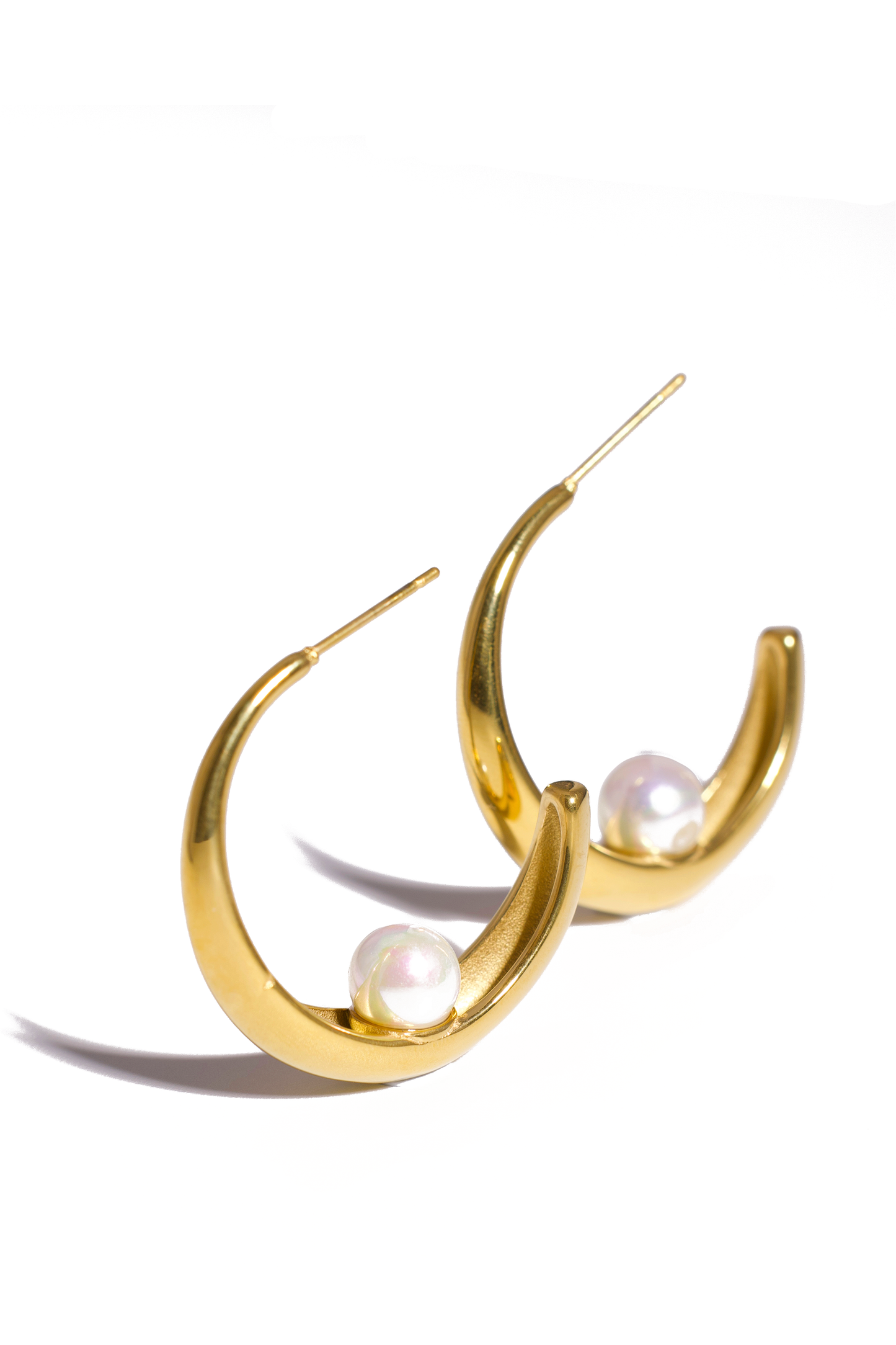 18K Gold Plated Crescent Hoop Earrings with Pearl Accent, Stainless Steel