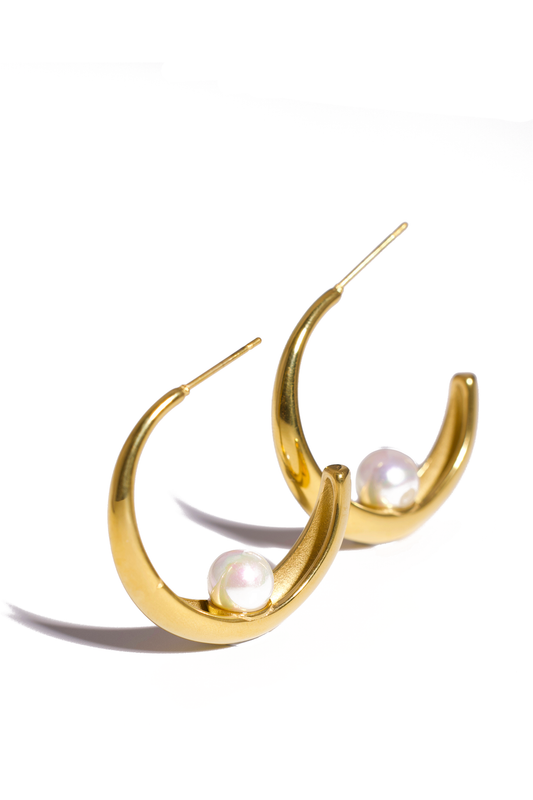 18K Gold Plated Crescent Hoop Earrings with Pearl Accent, Stainless Steel
