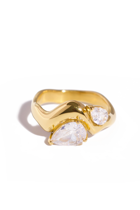 [Ring] 18K Gold Plated Bypass Ring with Double Pear-Cut Artificial Crystals, Stainless Steel