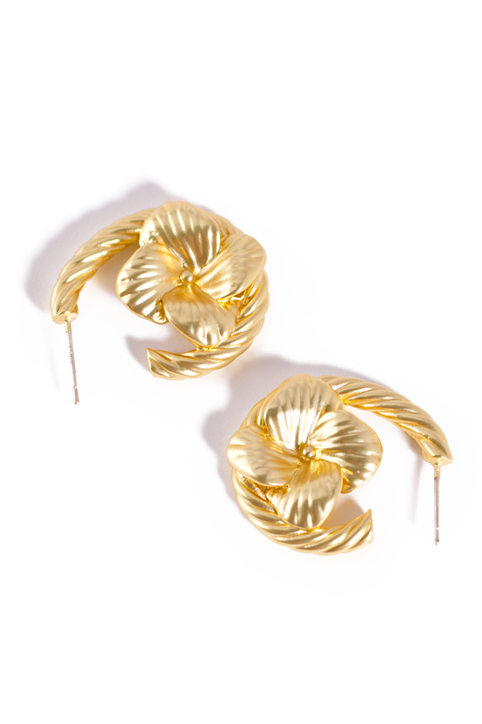 Vintage Gold Floral Hoop Earrings – Twisted Rope Design Statement Earrings for Women