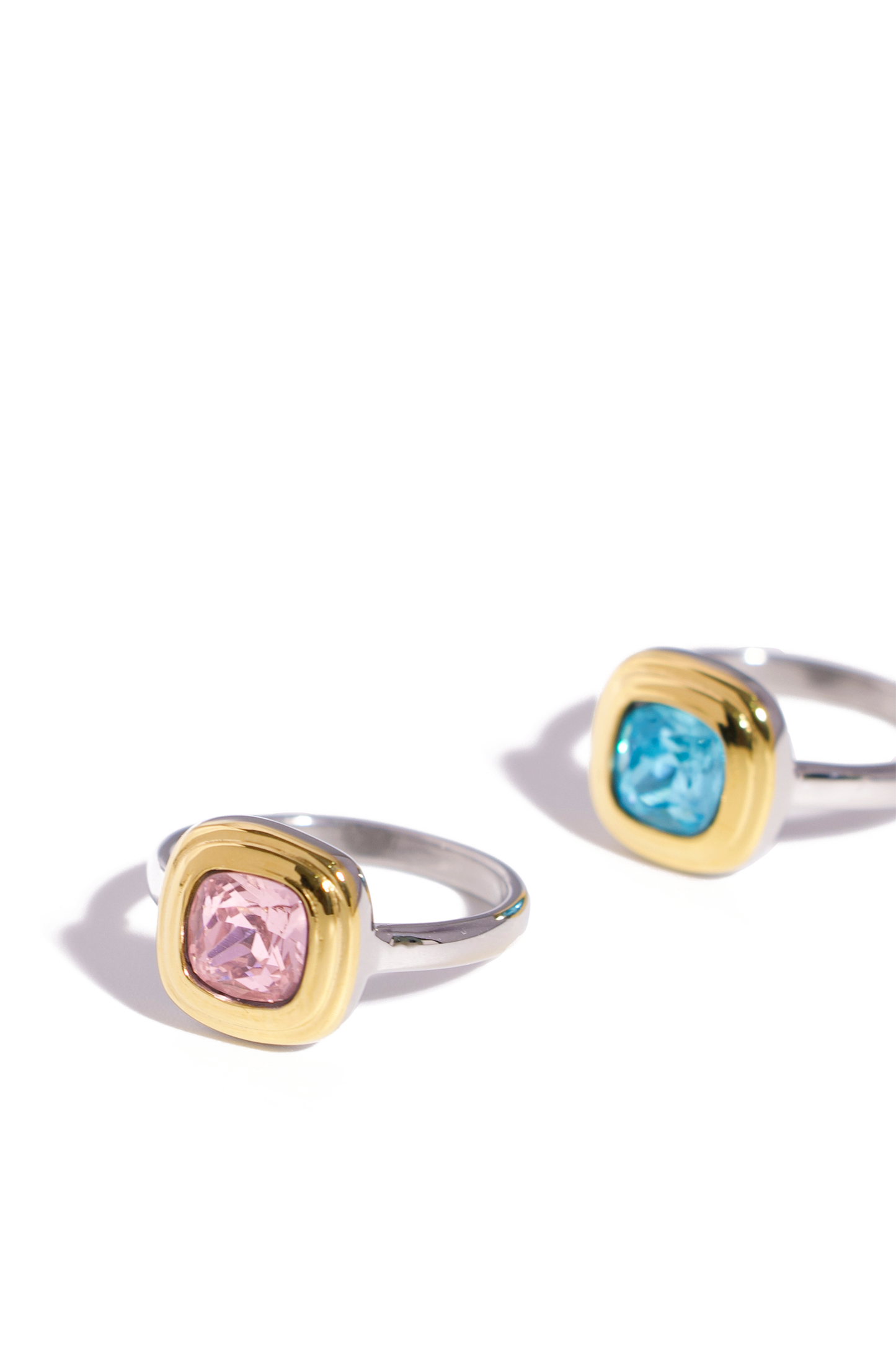 [Ring] Cushion Cut Gemstone Ring – 18K Gold Plated Stainless Steel, Pink & Blue CZ