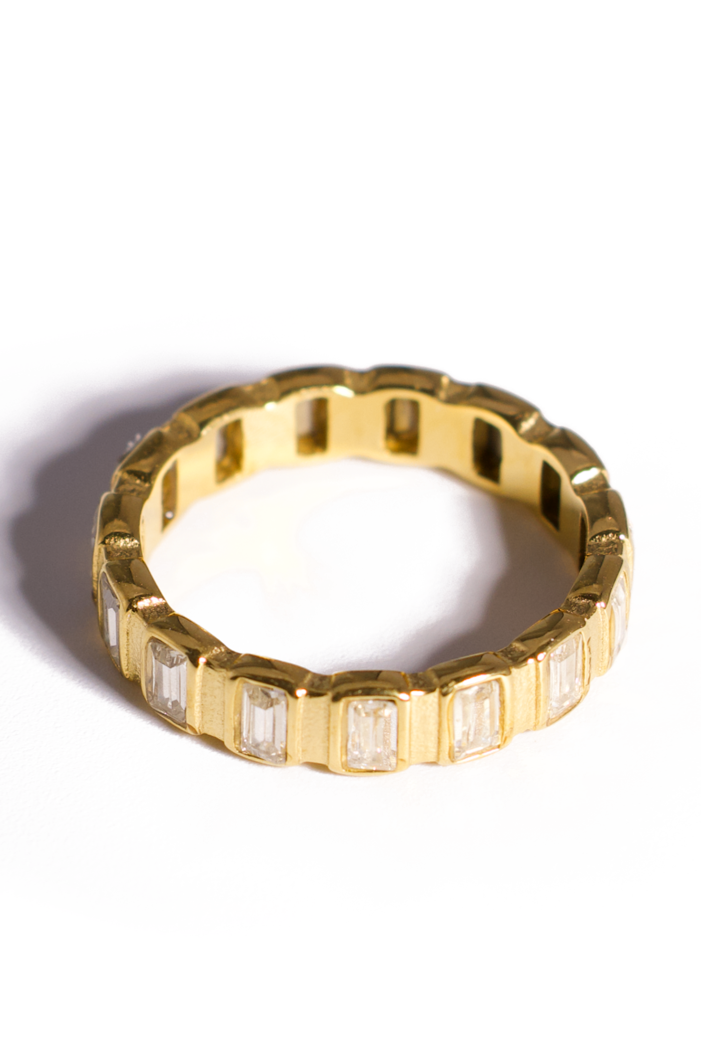 [Ring] Gold Baguette Eternity Band – Dainty Stacking Ring, 18K Gold Plated Stainless Steel with Clear CZ Stones