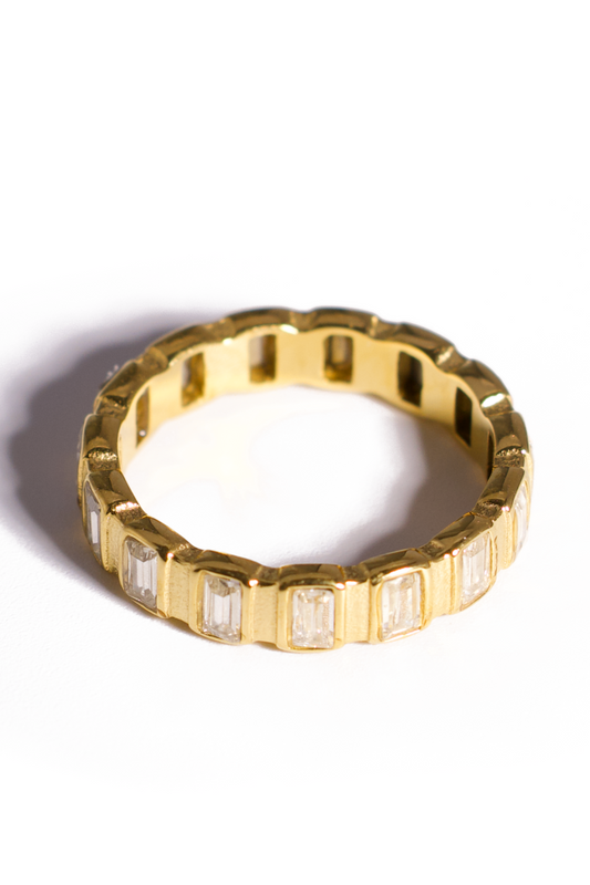 [Ring] Gold Baguette Eternity Band – Dainty Stacking Ring, 18K Gold Plated Stainless Steel with Clear CZ Stones