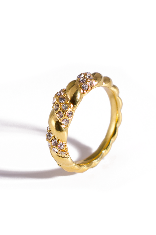 [Ring] 18K Gold Plated Stainless Steel Braided Ring with Crystal Accents – Twisted Rope Design