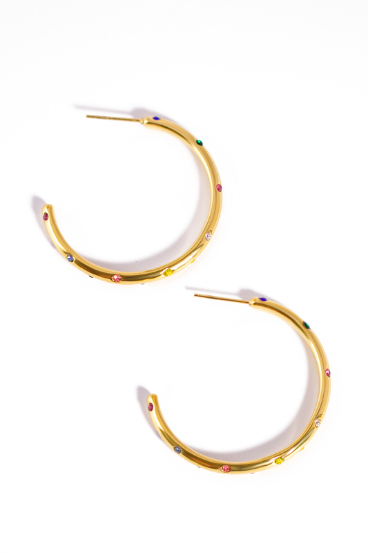 Gold Hoop Earrings with Crystal Accents – Clear or Multicolor Stones