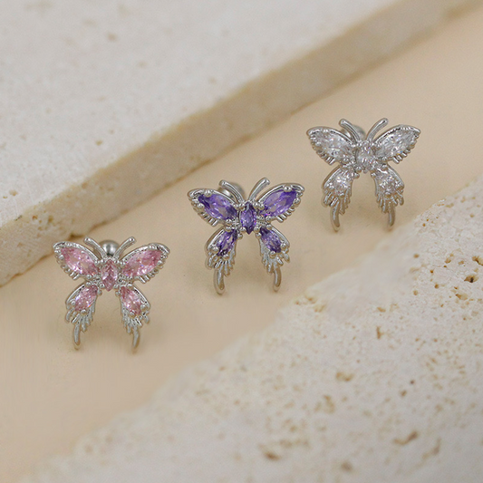 Cute Small Butterfly Ear Studs, Pink Purple and Pure Color, 3 Pieces