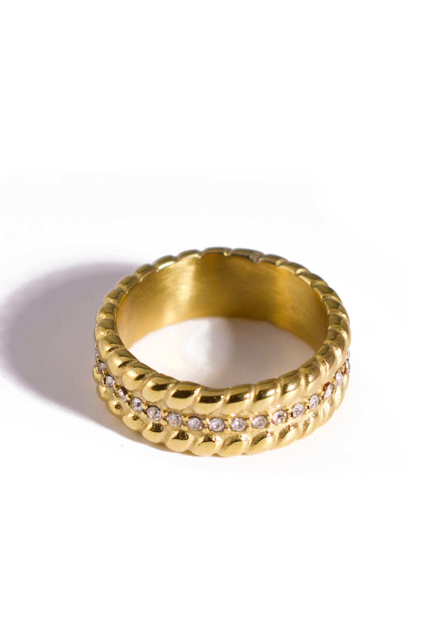 [Ring] Gold & Silver Stainless Steel Bands with CZ Accents, 18K Gold Plated