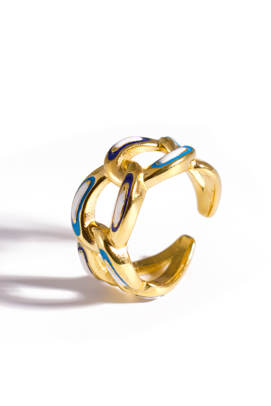 [Ring] 18K Gold Plated Stainless Steel Chain Link Adjustable Ring with Colorful Enamel Accents