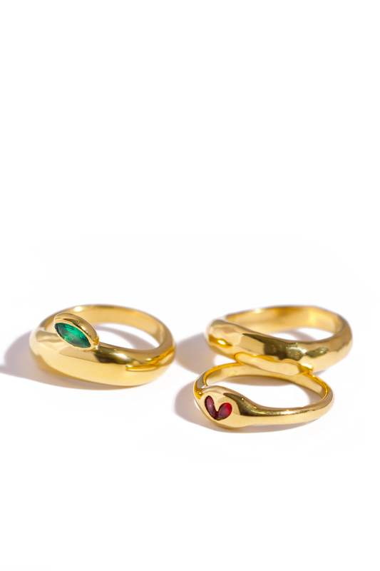 [Ring] Trinity Glow Ring Set – 18K Gold Plated Stainless Steel with Green & Red Cubic Zirconia