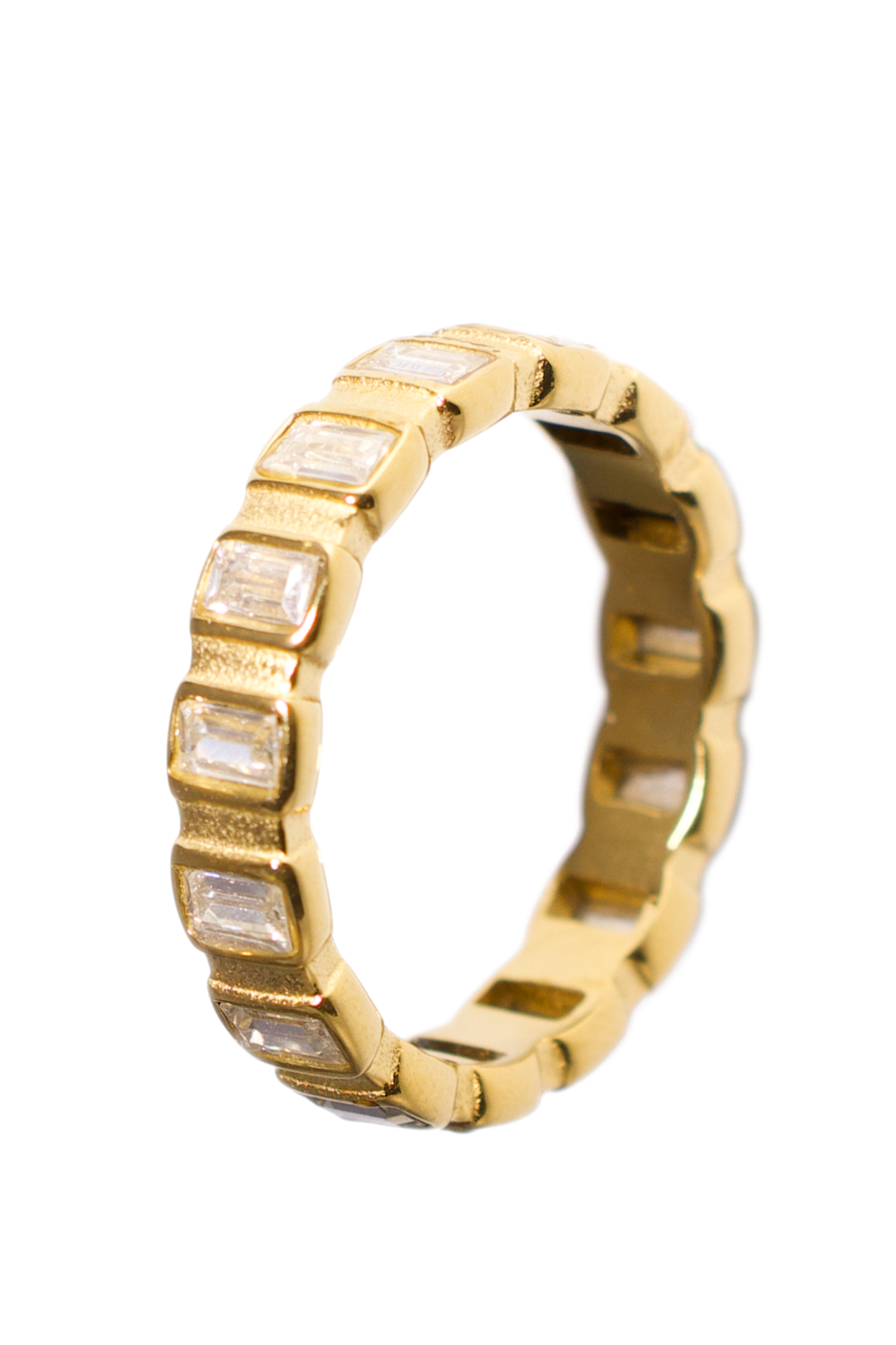 [Ring] Gold Baguette Eternity Band – Dainty Stacking Ring, 18K Gold Plated Stainless Steel with Clear CZ Stones