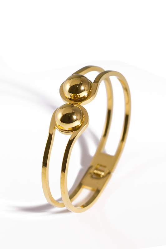 [Bracelet] Minimalist Double Sphere Gold Bangle – Modern Open Cuff Bracelet