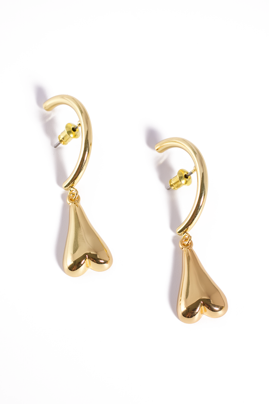 Golden Heart Drop Earrings – Minimalist Love Dangle Hoops