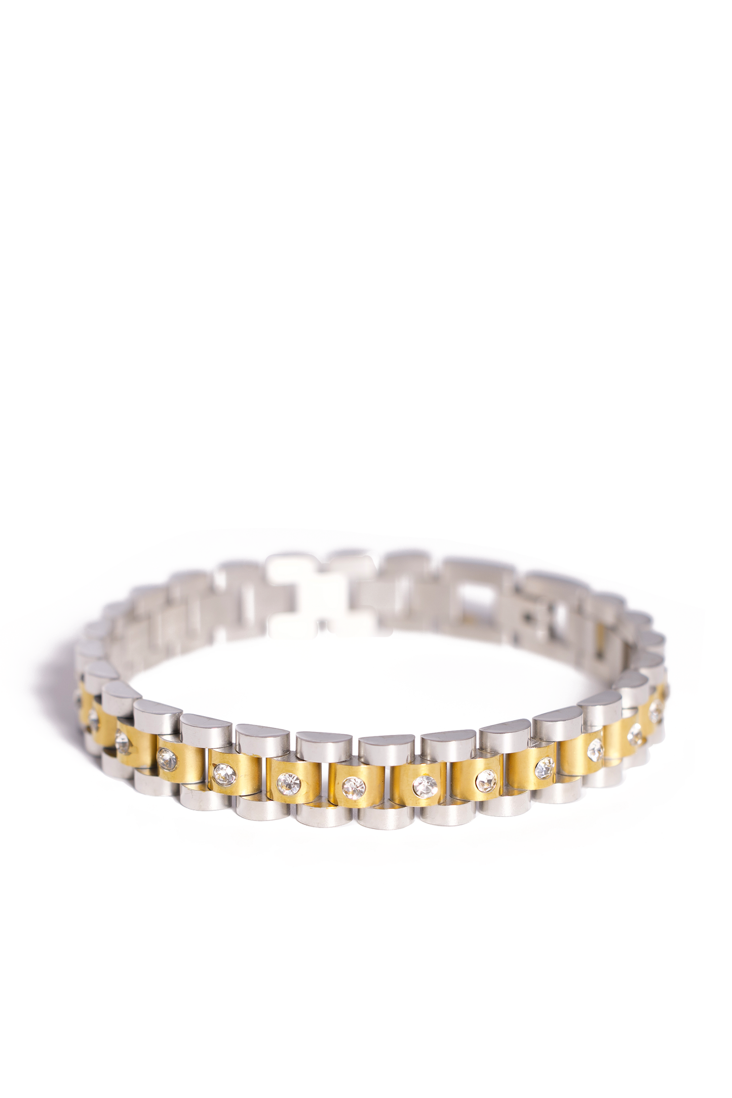 Unisex Stainless Steel Bracelet with Watch-Link Design, Gold or Silver Plated, Inlaid with Shiny Zircon Stones, Durable and Weighty