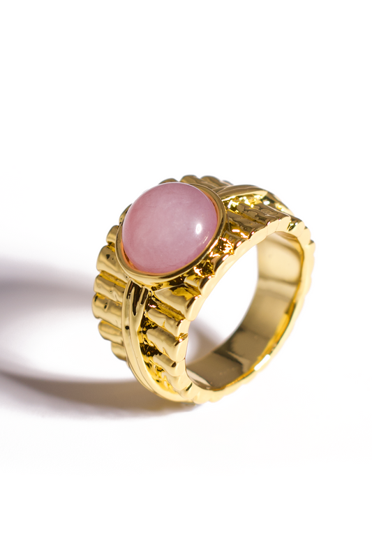 [Ring] Elegant Pink Stone Statement Ring – Wide Gold Band, Vintage-Inspired Cocktail Jewelry