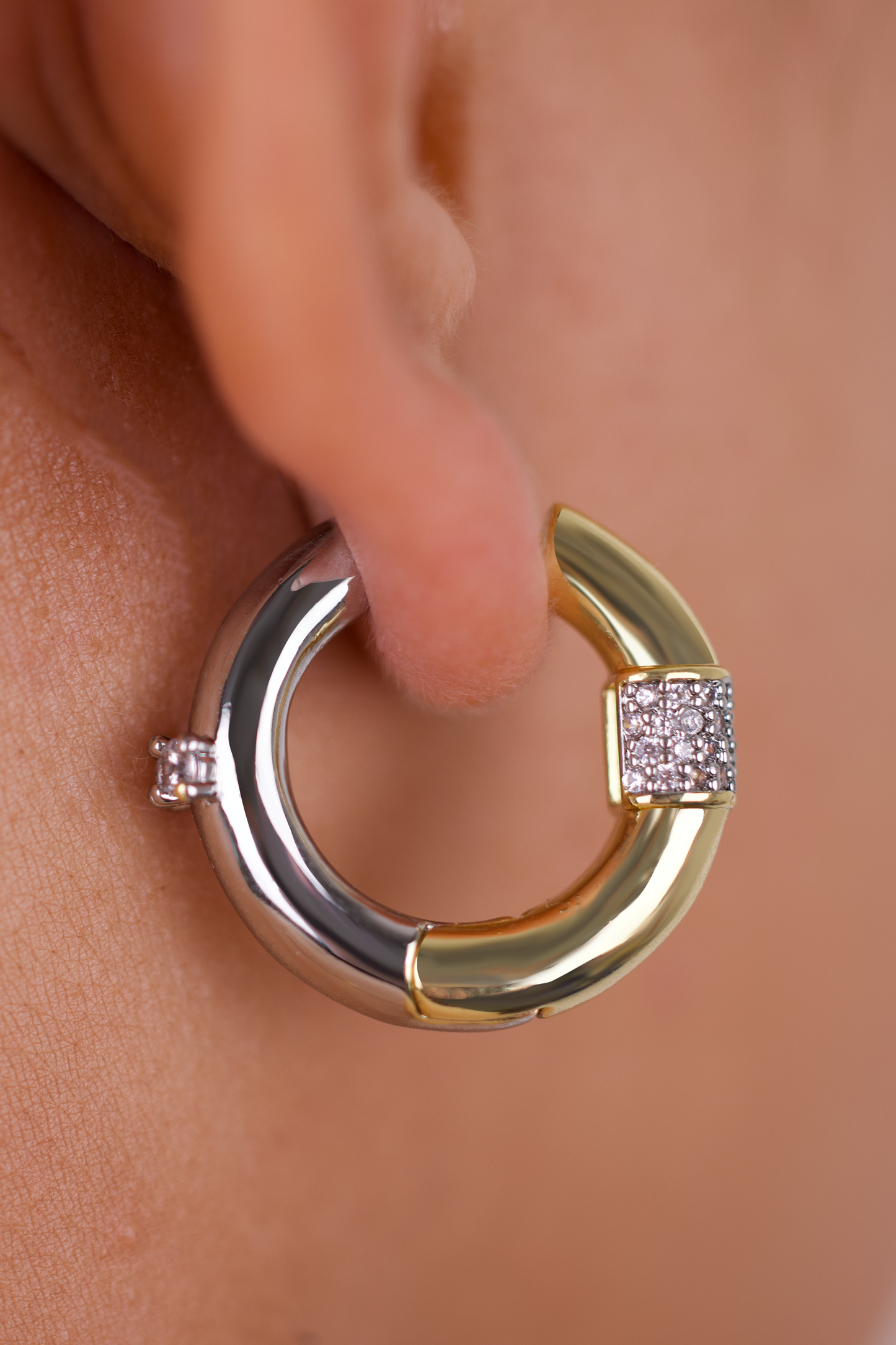 Two-Tone Hoop Earrings with CZ Accents – Gold & Silver Stainless Steel Huggies