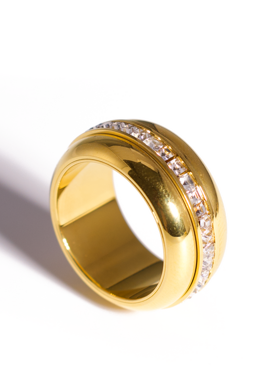 [Ring] Chunky Gold Band Ring – Wide Dome Statement Ring with Channel-Set Cubic Zirconia, Stainless Steel Cocktail Ring