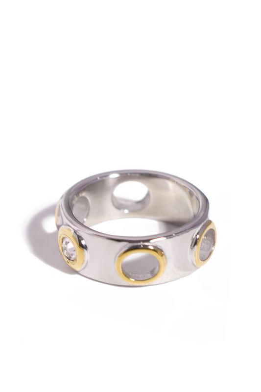 [Ring] 18K Gold Plated Stainless Steel Dual-Tone Orbit Ring with CZ Accents