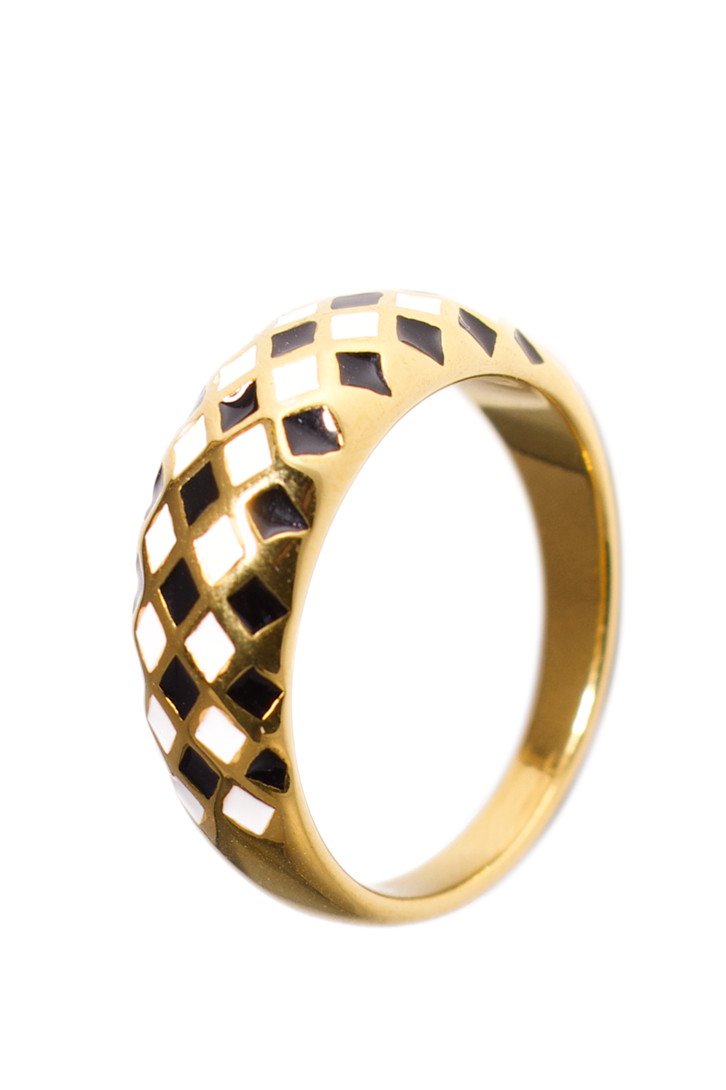 [Ring] Geometric Enamel Dome Ring – Black & White Checkered Pattern, Gold Stainless Steel Statement Band