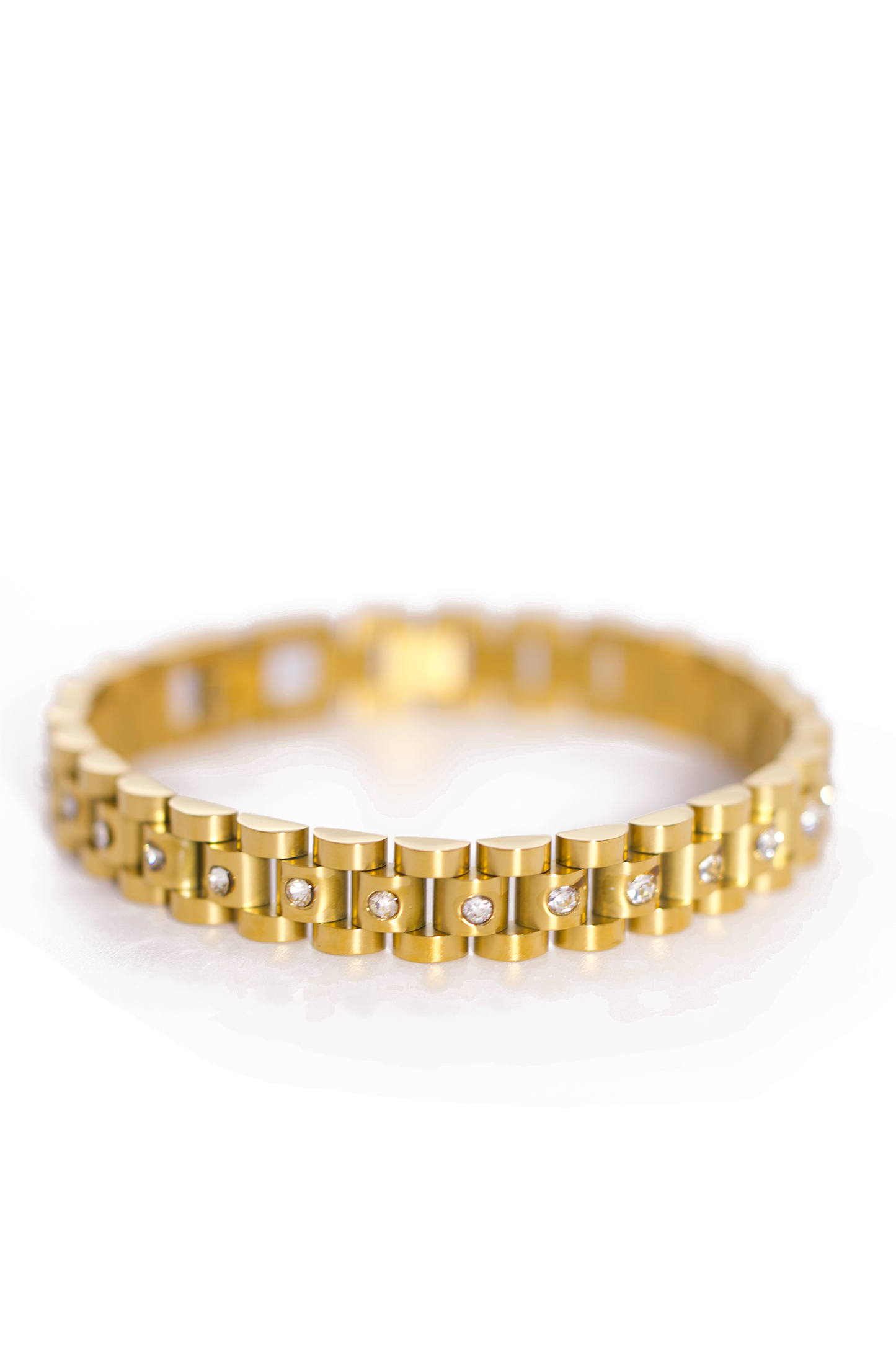 Unisex Stainless Steel Bracelet with Watch-Link Design, Gold or Silver Plated, Inlaid with Shiny Zircon Stones, Durable and Weighty
