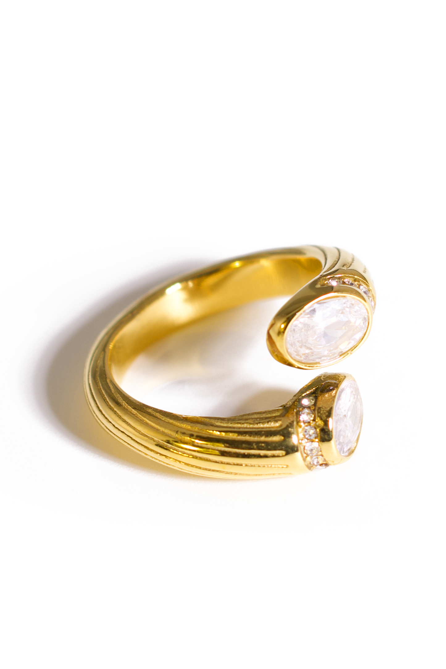 [Ring] Elegant Double Oval Stone Ring – Adjustable Open Band Gold Plated Statement Ring with CZ Accents