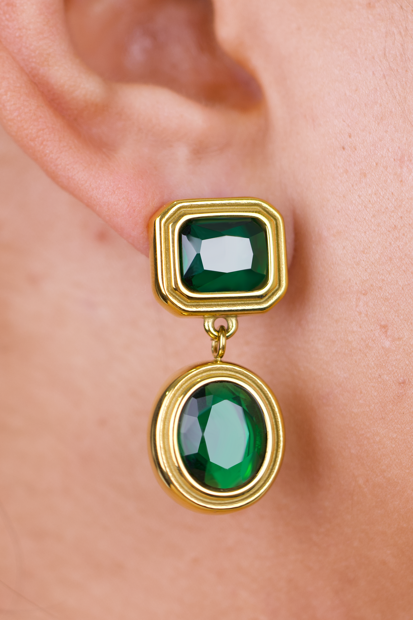 Elegant Drop Earrings – Stainless Steel Gold Plated with Cubic Zirconia, Available in Clear or Green Stones