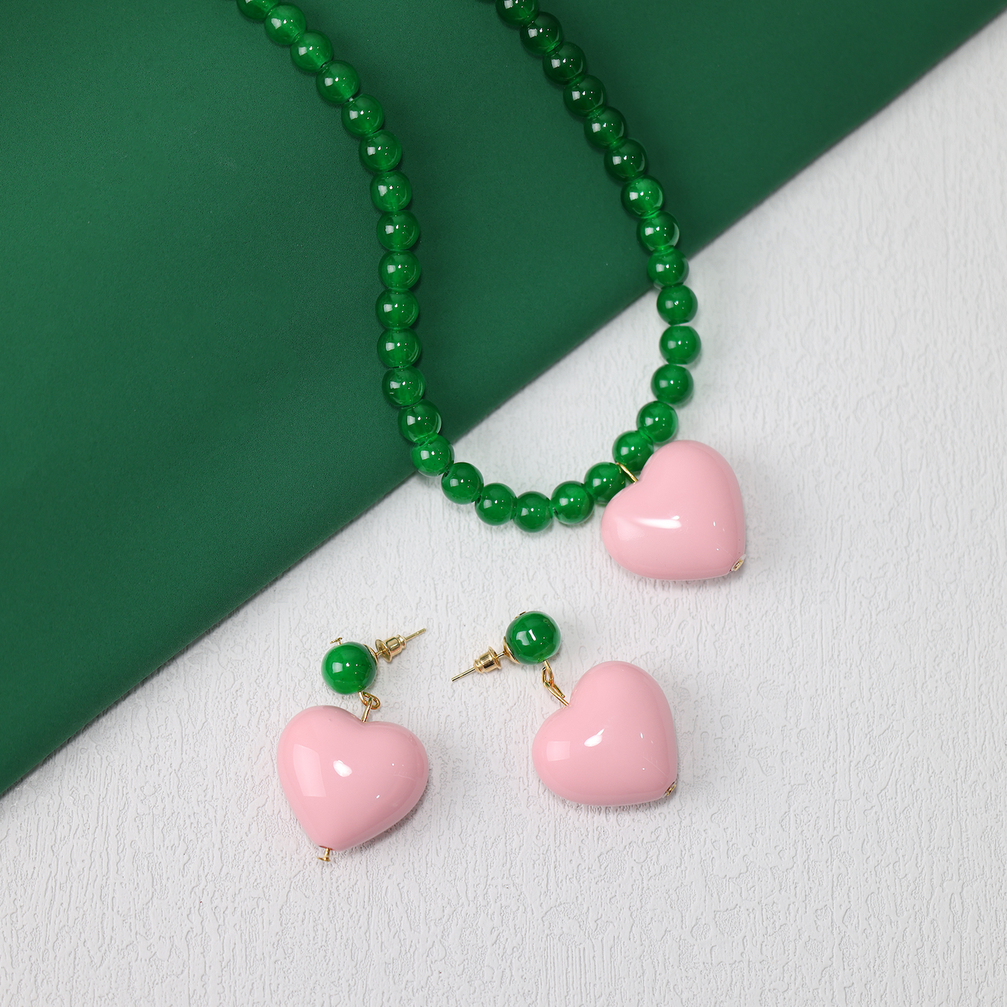 Handmade Cute Jewelry Set Pink Heart Green Beads, Glass and Acrylic, Necklace and Ear Studs for Girl and Women