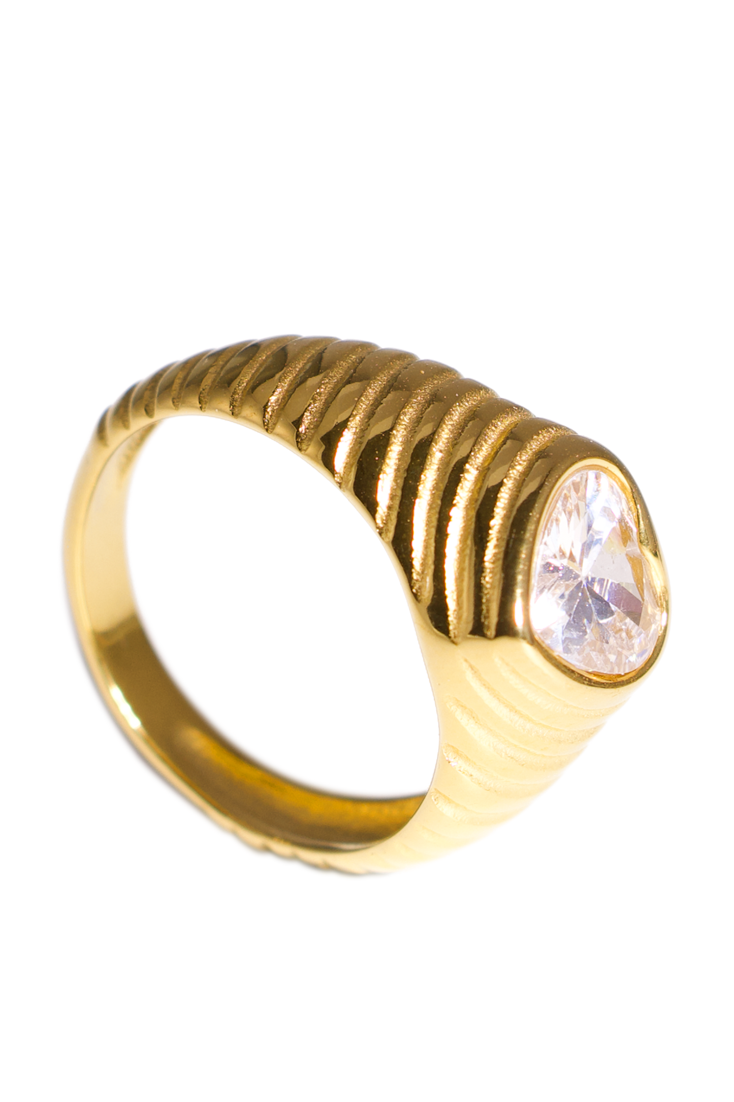 [Ring] Gold Heart Solitaire Statement Ring – Textured Band with Clear Zircon, Vintage-Inspired Engagement or Cocktail Ring